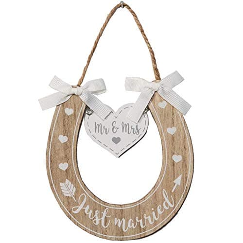 Image of Widdop Bingham Wedding 'Mr & Mrs' 'Just Married' Wooden Horseshoe with Hearts