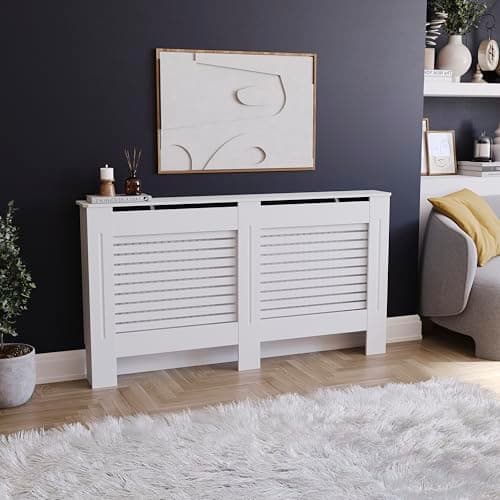 Image of Vida Designs Milton Radiator Cover White - Large - Modern Horizontal Slat Design For Optimal Heat Circulation - H82xW152xD19cm - Painted MDF Cabinet Ideal For Living Room & Hallway