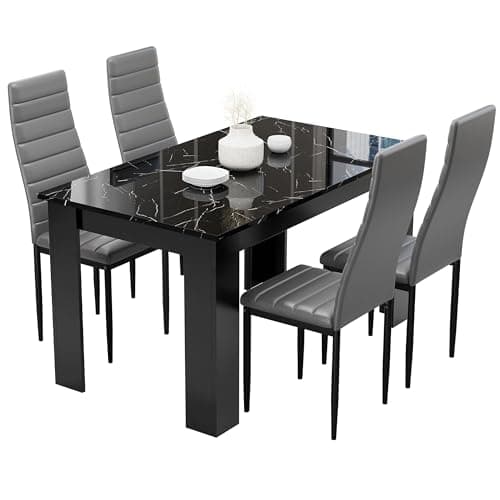Image of Blisswood Dining Table and 4 Chair Set, PU Leather Chairs, 17mm Thick Table Tabletop 120x80 cm, kitchen table, Modern Design Wooden dining Table Set for Home furniture (Marble Black, Grey Chair)
