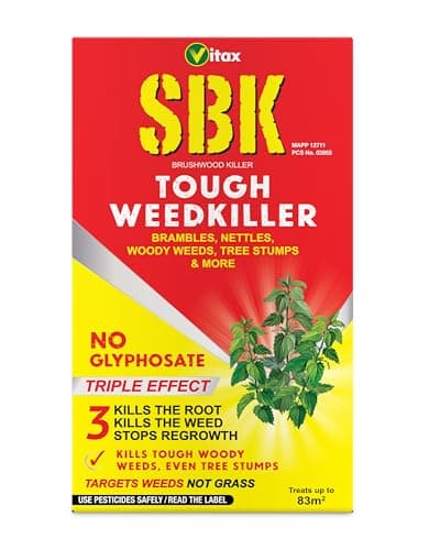 Image of Vitax SBK Tough Weedkiller, Kills Down To The Roots, Suitable For Brambles, Nettles, Dock, Woody Weeds, Hardwood & Tree Stumps, Targets Weeds Not Grass, Concentrate - 250Ml, Coverage 83M2