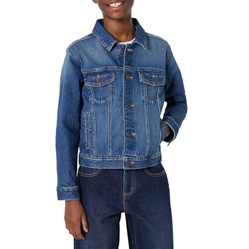 Image of Amazon Essentials Unisex Kids' Medium Stretch Regular-Fit Denim Trucker Jacket for Boys and Girls, Classic Medium Wash, 6-7 Years