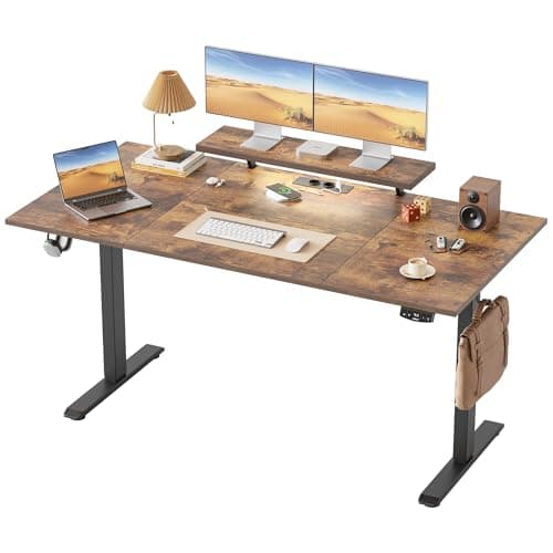 Image of Klicelor Height Adjustable desk with LED Lights and Power Outlets, 160x80cm, movable monitor stand for Game and Home Office, Standing desk with 4-piece tabletop, brown
