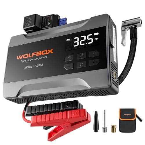 Image of WOLFBOX 2000A Jump Starter 4-in-1 with Air Compressor, 12V Car Battery Booster for Up to 5.0L Petrol / 2.0L Diesel Engines, Portable Tyre Inflator 150PSI with Display, Power Bank, LED Torch