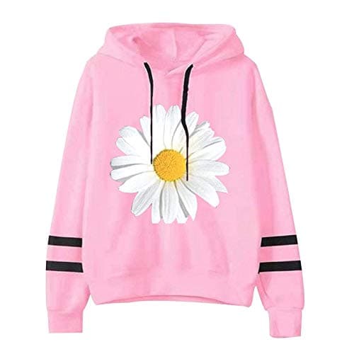 Image of Sweatshirts for Women UK, Oversized Ladies Autumn Winter Warm Hoodie Daisy Butterfly Print Jumpers Drawstring Fashion Plus Size Hoodie Holiday Clothes (Pink, XL)