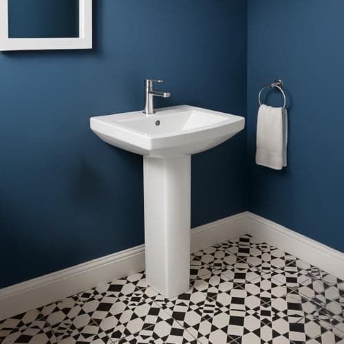 Image of Go Bathrooms Modern Square Pedestal Basin with Single Tap Hole 560mm Contemporary White Ceramic Sink for Bathroom or Cloakroom Durable Easy-Clean Design White Ceramic | Tabor