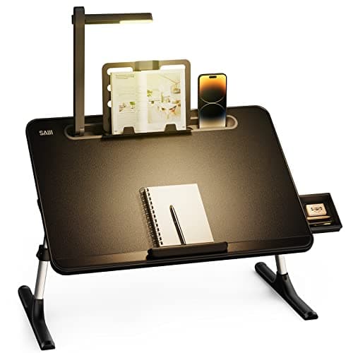 Image of laptop tray, SAIJI Table with LED Light, Height Angle adjustable, with Book Stand, Drawer, Laptop Stopper, Tablet Stand, Extra Leg Room for Sofa Couch Floor, Black