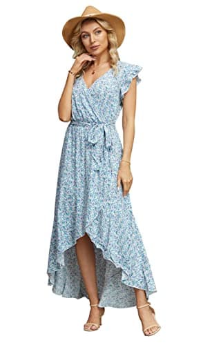 Image of GRECERELLE Womens Summer Maxi Dress Boho Floral Cocktail Midi Polka Dot Wrap Dresses V Neck Casual Party Bohemian Flowy Long Dress for Ladies (FP Floret Blue, S)