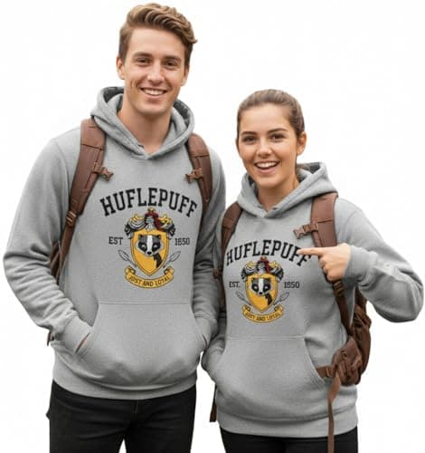 Image of Licensed Harry Potter Unisex Hufflepuff Hoodie, Chainette fabric and Puff Print, Hooded Sweatshirt, with Embroidered Quidditch flag on sleeves, Charcoal (UK, Alpha, S, Regular, Regular, Hufflepuff)
