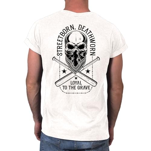 Image of Men’s Skull Graphic T-Shirt - Streetborn Deathworn Urban Streetwear Tee - Gothic Biker Loyalty Shirt - Punk Rock Graphic Tee for Men White Size XL