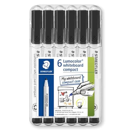 Image of STAEDTLER 341 Compact Lumocolor Whiteboard Marker Pen - 1-2mm Bullet Tip - Dry Erase Markers - Wallet Pack of 6 Pens (Black)