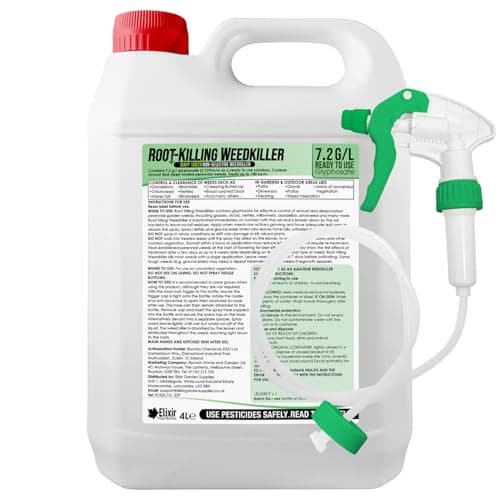 Image of Elixir Gardens 4 Litre Deep Root Killing Glyphosate Weed Killer | 7.2g/l Herbicide & Weedkiller | Ready to Use Formula Supplied with Spray Head & Hose | 4L Bottle x 1