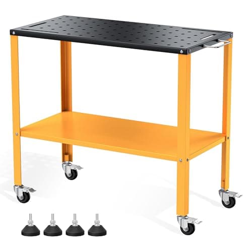 Image of 1200LBS Heavy Duty Welding Table 36" x 18", Black Oxide Finish Workbench Tabletop with 4 Lockable Braking Casters, 4 Tool Slots, Tray, 5/8" Fixture Holes, Portable Welding Cart for Garage Workshop