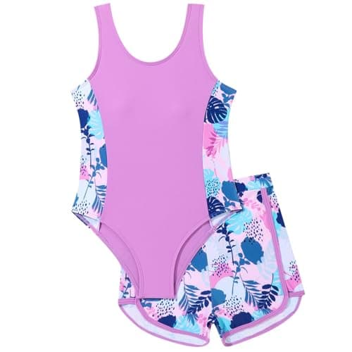 Image of Xumplo Girls Swimming Costume Tween Girl One Piece Swimsuit with Shorts Young Girls Floral Swimwear Crew Neck Bathing Suit Purple 10-12 Years