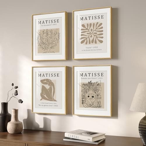 Image of Framed Matisse Neutral Wall Art Set of 4, Beige Abstract Modern Minimalist Botanical Prints for Bathroom Living Room Dining Room Bedroom Home Office Decor, 12x16 Inch