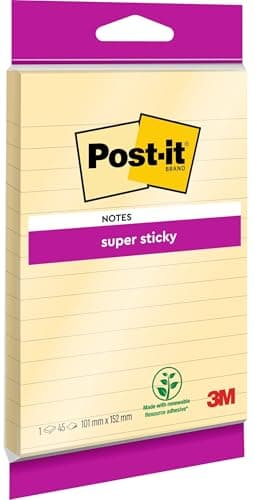Image of Post-it Super Sticky Large Notes, Lined, 45 Sheets, 1 Pad, 102 mm x 152 mm - Holds Strong to Many Surfaces - Canary Yellow - for Walls, Monitors and Fridge, Recycable