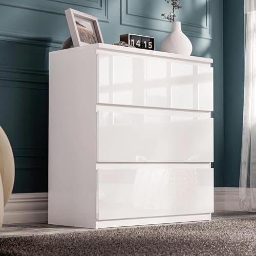 Image of Blisswood High Gloss Chest of Drawers, 3 Drawer Bedroom Chest of Drawers, Chest of Draws with Smooth Metal Runners Bedside Table for Living Room Office Furniture 40D x 70W x 77H CM (White)