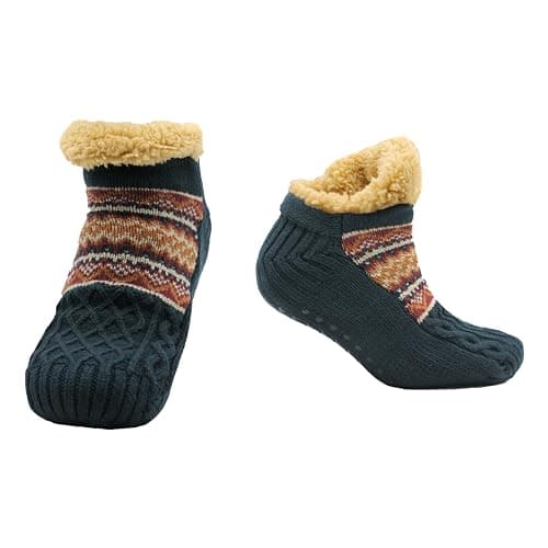 Image of Sock Stack Short Nordic Cozy Slipper Fluffy Socks for Women and Men Heat Holding Knitted Wool Sock with Sherpa Fuzzy Lining Comfortable Bed Slippers, Fair Isle Navy S/M UK 4/7