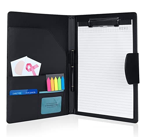 Image of Clipboard Folder DIN A4, Leather Document Case Clip Board with Magnetic Closure Cover, for Work Writing Conference Folder Legal Pad with A4 Paper &Sticky Arrow Tabs &Pen, Black