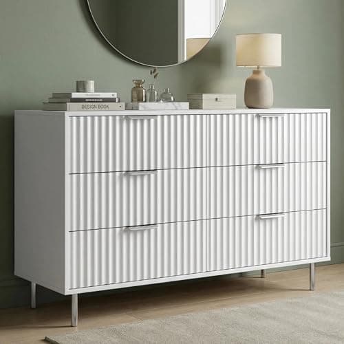 Image of Blisswood Fluted 6 Drawer Chest of Drawers, Wide Painted Bedroom Storage Unit, Modern Wooden Dresser with Smooth Silent Glide Drawers and Large Top Surface for Living Room, Hallway & Entryway_White