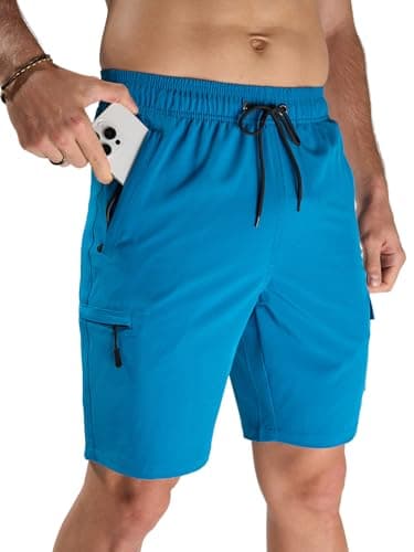 Image of Arcweg Swimming Shorts Men Long Men's Swim Shorts & Trunks with Zip Pockets Swim Shorts Black for Gym Swim Running No Mesh Lining Peacock Blue L(UK