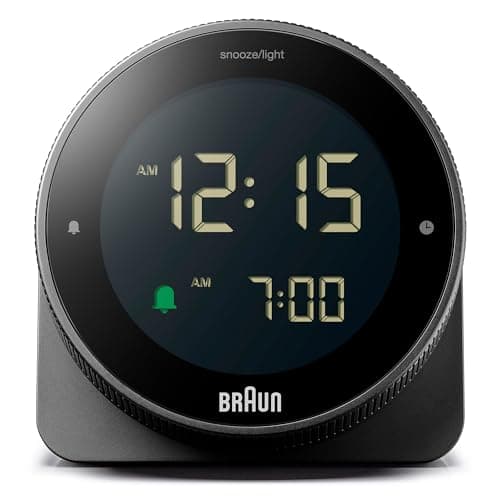 Image of Braun Digital Alarm Clock with Snooze, Negative LCD Display, Rotating bezel for quick time setting, Crescendo Beep Alarm in Black, model BC24B.