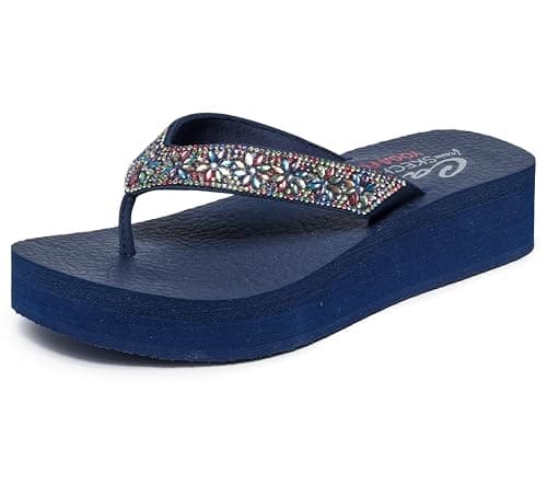 Image of Skechers Women's Cali Vinyasa Wild Daisies, Navy Mitobuck/Multi Gem Stone Trim, 2 UK