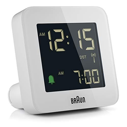Image of Braun Digital Radio Controlled Analogue Alarm Clock For Central European Time Zone (DCF) with Snooze, Negative LCD Display, Quick Set, Crescendo Beep Alarm in White, model BC09W-DCF.