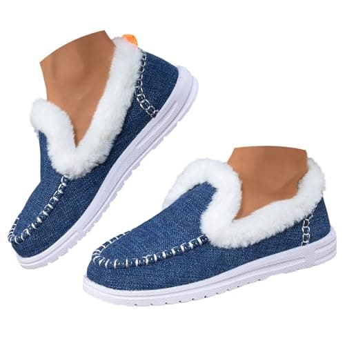 Image of UK 6.5 Women's Winter Snow Boots Slip on Ankle Booties with Faux Fur Lining, Warm Plush Short Boots Anti-Slip Outdoor Casual Fluffy Shoes Moccasin Fuzzy Comfy House Shoes Slippers Dark Blue Footwear