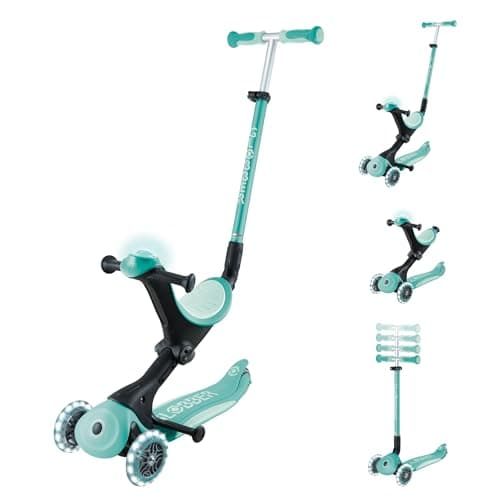 Image of Globber Go Up Deluxe 3 in 1 Kids Ride On and 3 Wheel Scooter With LED Handle Light - from 15 Months to 9 Years for Boys and Girls - With a 2 Year Warranty (Mint)