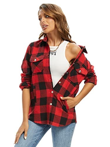 Image of Aeslech Women's Checked Shirts Plaid Shacket Flannel Lightweight Jacket Button Down Long Sleeve Casual Tops 1 Red XS