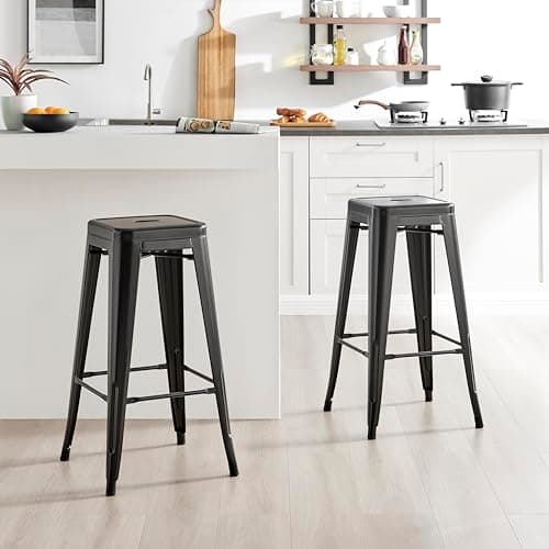 Image of Furniturebox UK Colton 2x Black Metal Bar Stools for Kitchen Or Dining Room Tolix Inspired Design Steel Powder Coated Stackable Lightweight Mid Century Bistro Cafe Industrial Stool Set of 2