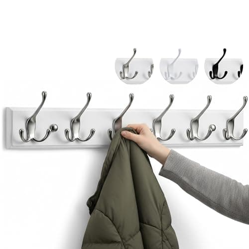 Image of LARHN White Coat Hooks - Wall-Mounted Coat Rack - 6 Triple Matt-Nickel Coat Hooks for Wall - 59 cm - All Fixings Included for Quick & Easy Installation