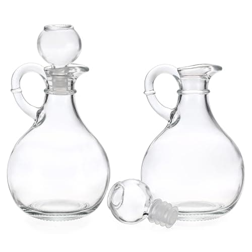 Image of SUMNACON 2 PCs Glass Oil and Vinegar Bottle Set With Spout, Clear Olive Oil Dispenser Cruet, Round Pourer Stopper Pot for Syrup Salad Water