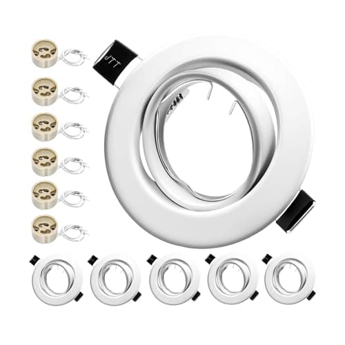 Image of LteelDay 6-Pack Matte White Adjustable Recessed GU10 Light Frames – 30° Swivel Round Ceiling Mount, 90x90mm, Cut-Out 68-80mm, Includes 6 VDE Sockets