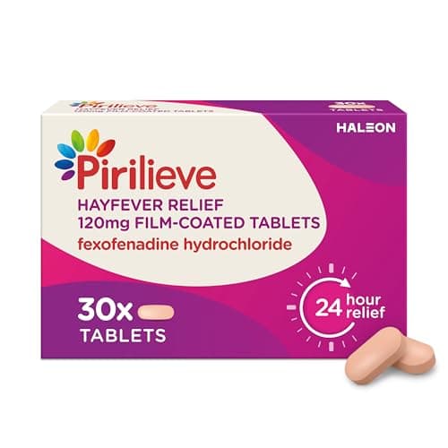 Image of Pirilieve Hayfever Relief, Fexofenadine Antihistamine Tablets for Relief of Heyfever Symptoms Such as Sneezing and Itchy or Blocked Nose, 30s