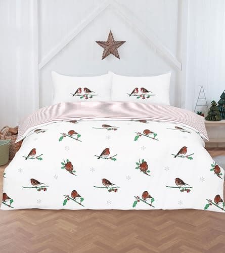 Image of Rapport Home Robin on Holly Christmas Duvet Cover Set Double Size | Reversible Festive with Candy Cane Stripe | Two Matching Pillowcases | Soft Microfibre