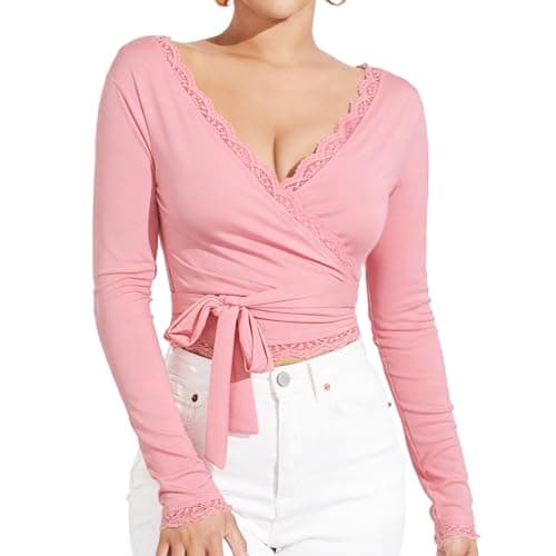 Image of Wrap Tops for Women, Sexy Lace Long Sleeve T Shirts Women Elastic Tie Side Top Y2k Deep V Neck Womens Tops for Pilates Yoga Workout Ballet Going Out (UK, Alpha, L, Regular, Regular, Pink)
