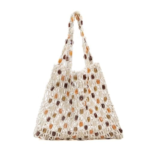 Image of Boho Crochet Shoulder Bag for Women, Colorful Beaded Beach Tote Handbag Lightweight Summer Knit Hobo Purse &Travel Organizer, Beige, 15" x 12" x 6" (expands to 18" wide)