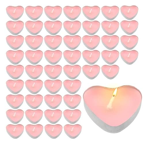 Image of 50PCS Tea Lights Candles, Romantic Heart Shaped Smokeless Tea Lights Candles Love Unscented Candle, Dripless Mini Tealight Candle for Wedding Celebrations Home Party Decor(Pink)