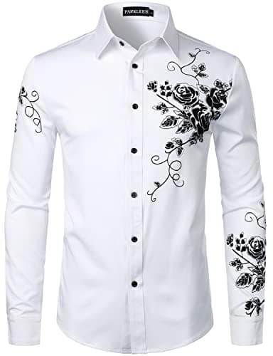 Image of PARKLEES Men's Hipster Rose Floral Print Design Slim Fit Long Sleeve Button Up Party Dress Shirt White Black XXL