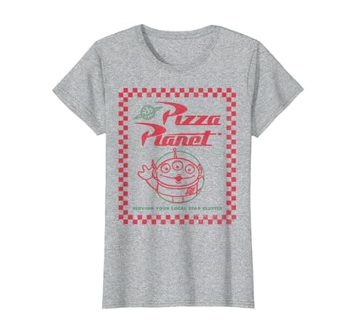 Image of Disney Pixar Toy Story Alien Pizza Planet Box Art T-Shirt, Women, Heather Grey, Large