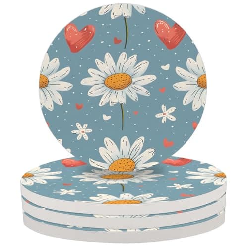 Image of Cute Daisy Flower Round Drink Coasters Set of 4, 4-Inch Absorbent Ceramic with Cork Backing, Non-Slip Coasters for Coffee Table Home Kitchen Bar Decor, Housewarming Gift