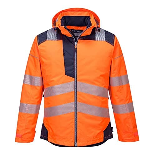 Image of Portwest PW3 T400 Mens Hi Vis Hooded Work Jacket Waterproof Lightweight Quilt Lined Thermal Winter Safety Coat 300D Oxford Reflective Tape for Construction Rail Utility, Orange/Black, S