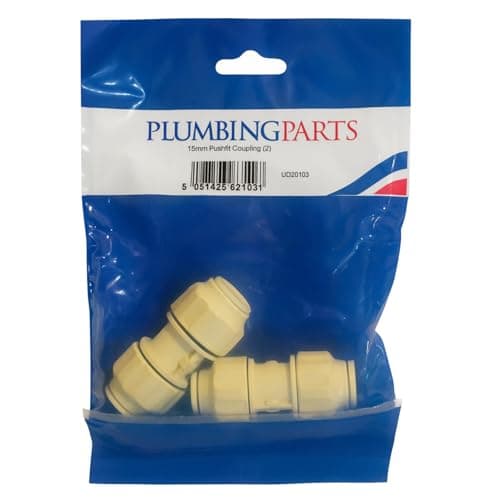 Image of 15mm Push Fit Coupling Pack of 2 - Plastic Straight Pipe Connectors for Plumbing