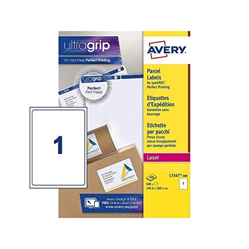 Image of Avery Printable, Customisable Parcel Shipping Labels, Laser Printers, 1 Label Per A4 Sheet, 500 Labels, BlockOUT (L7167), White, 500 Sheets