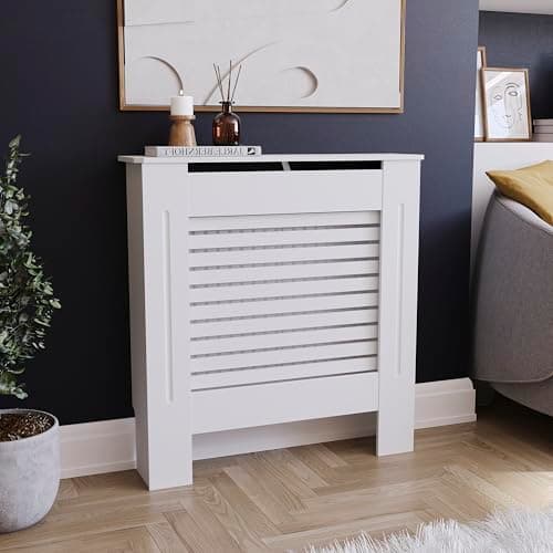 Image of Vida Designs Milton Radiator Cover White - Small - Modern Horizontal Slat Design For Optimal Heat Circulation - H82xW78xD19cm - Painted MDF Cabinet Ideal For Living Room & Hallway