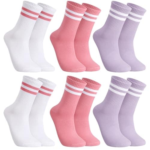 Image of ViEinkaufen 6 Pairs Striped Crew Socks Multipack Cotton Sports Running Socks for Men Women Size UK 5-8, Soft Athletic Socks Breathable White Pink Purple Socks for Work School Casual Walking