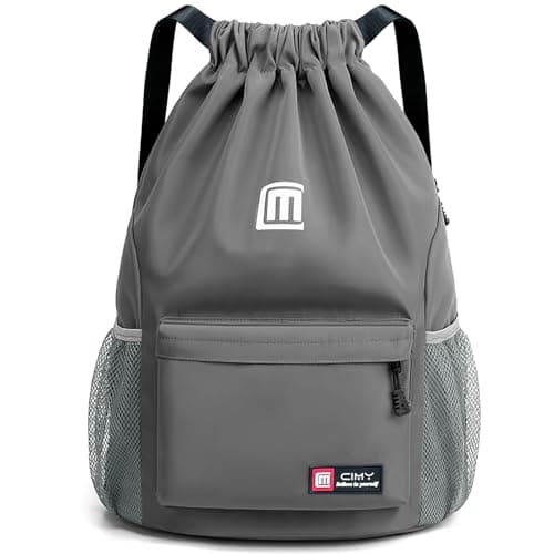 Image of Tesmien Drawstring Bags,Waterproof Swimming Bags Unisex Sports Backpacks for Kids Adult, Large Drawstring Sackpacks Bags for School Gym Sports Travel Swimming-Grey