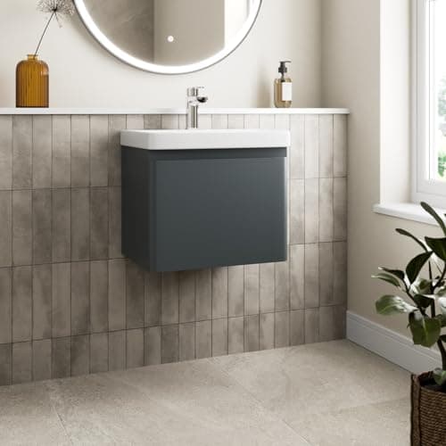Image of Affine® 500mm Vanity Unit Wash Basin Sink Bathroom Wall Mounted Storage Cabinet Cupboard Cloakroom, Soft Close Drawer, Anthracite Grey