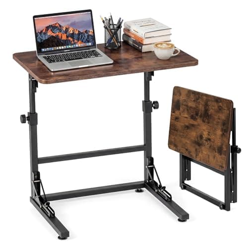 Image of COSTWAY Folding C-Shaped Side Table, 60x39x51-66cm Height Adjustable Bedside Sofa End Table, Industrial Metal Frame Couch TV Tray Tables Laptop Desk for Small Space, Living Room, Bedroom, Rustic Brown